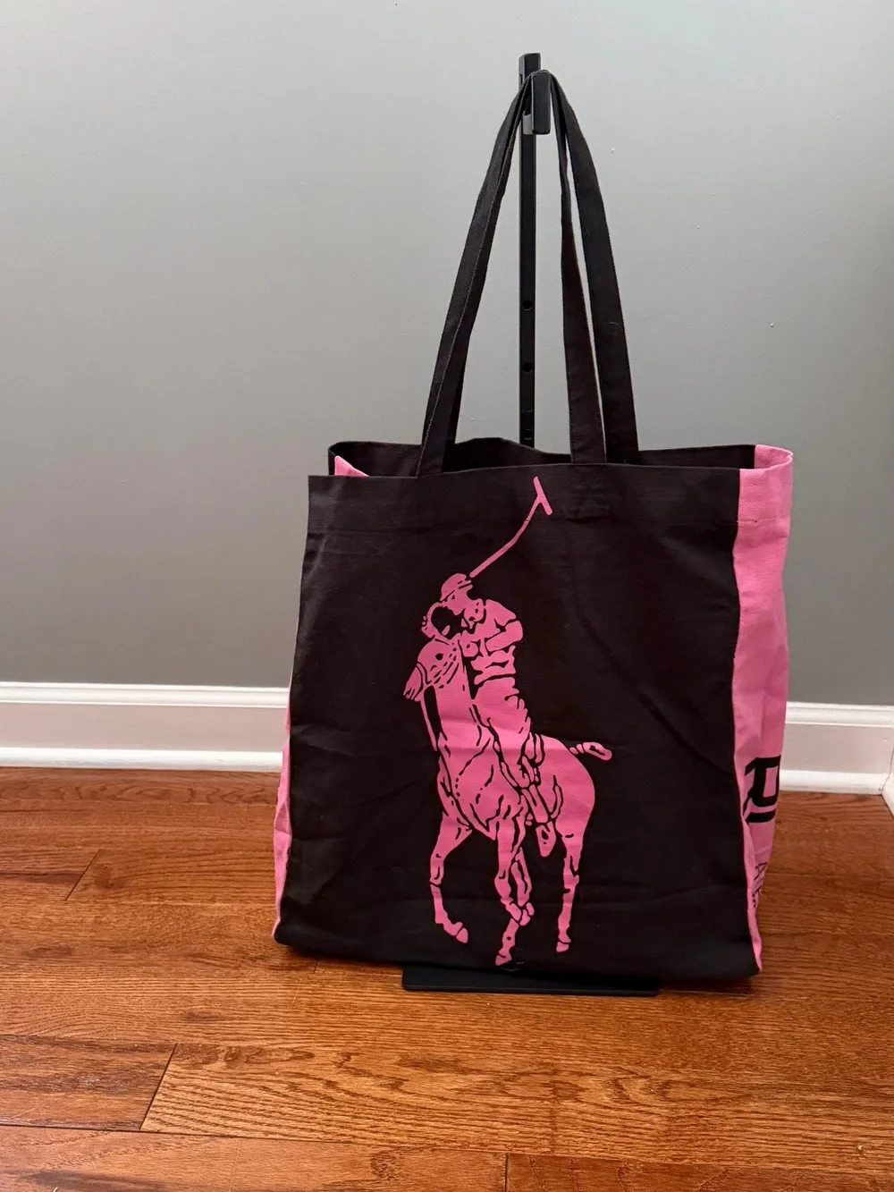Polo Ralph Lauren Black and Pink Polo Player Canvas Tote Bag